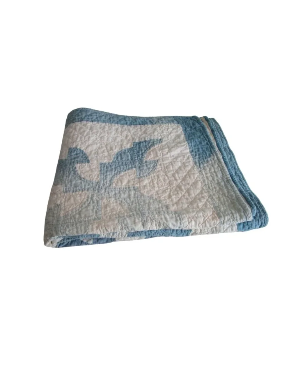 Drunkards Path Handmade Patchwork Quilt Blue White Faded Damaged Full Size